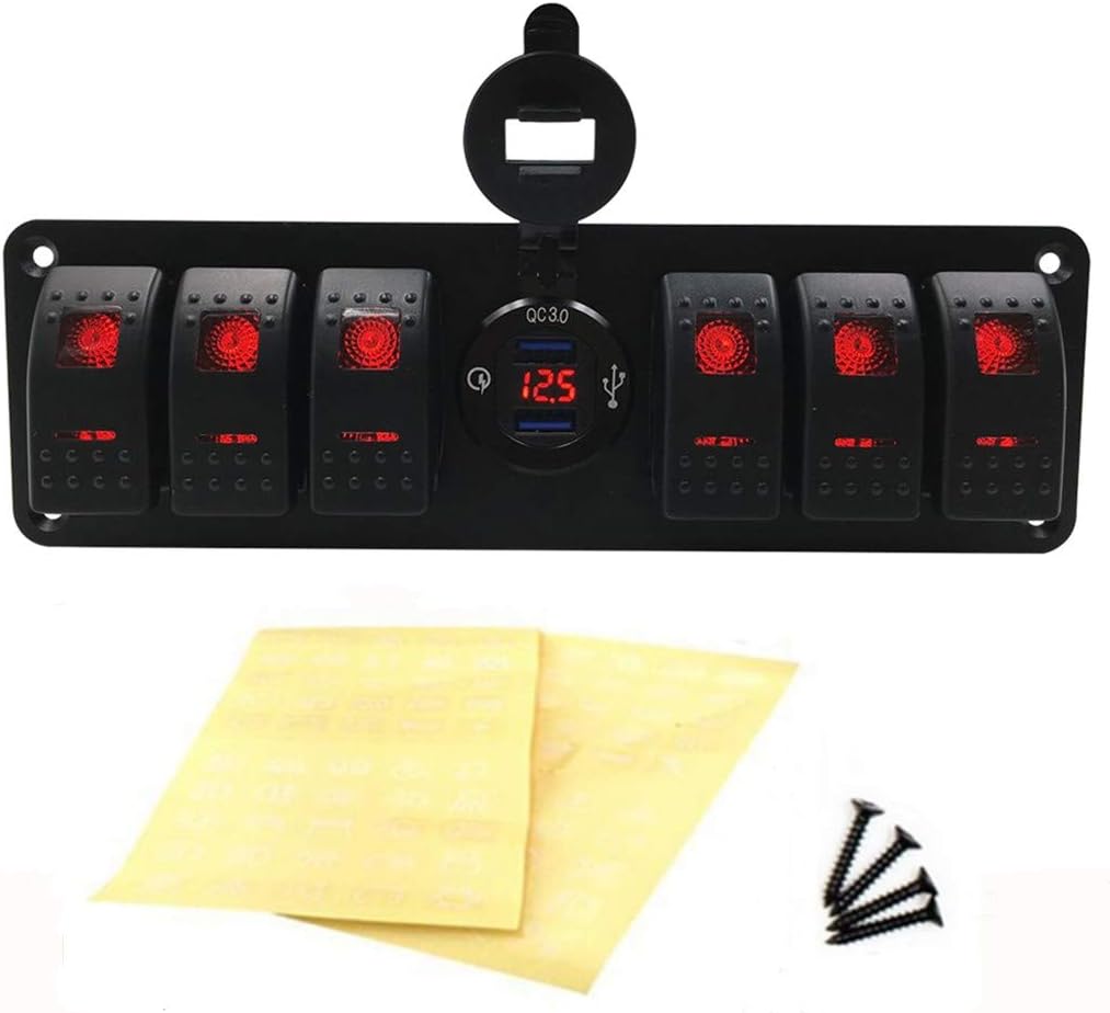 RED 6 Gang Rocker Toggle Switch Panel with USB Charger & Voltmeter, Pack of 2 S80987