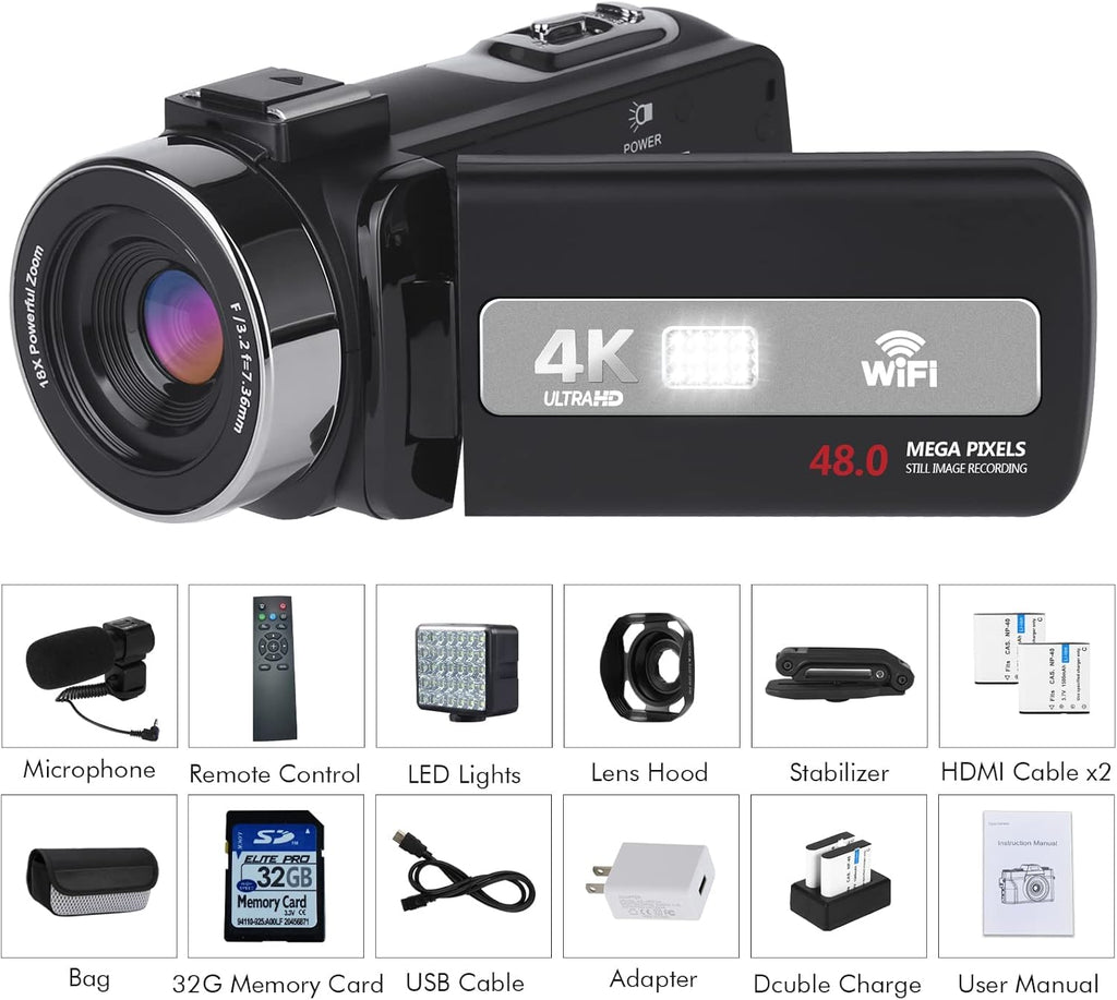 4K 48MP 18X Digital Zoom Touch Screen Camcorder with External Microphone F521944