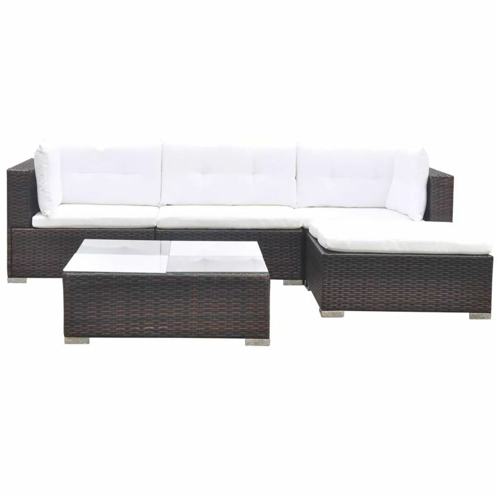 5 Piece Outdoor Sectional Sofa Lounge with Coffee Table and Ottoman Set Cushioned Poly Rattan E3985