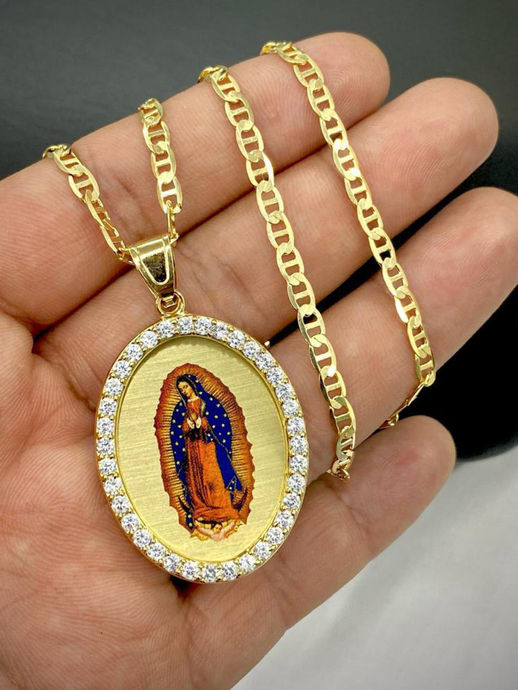 14K Gold Filled Virgen De Guadalupe Necklace CZ Mariner Chain Enamel 20" D640424