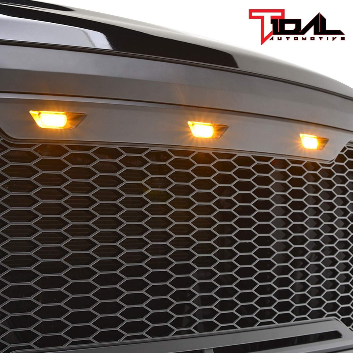 Matte Black ABS Upper Grille Front Hood Grill with Amber LED Lights T648691