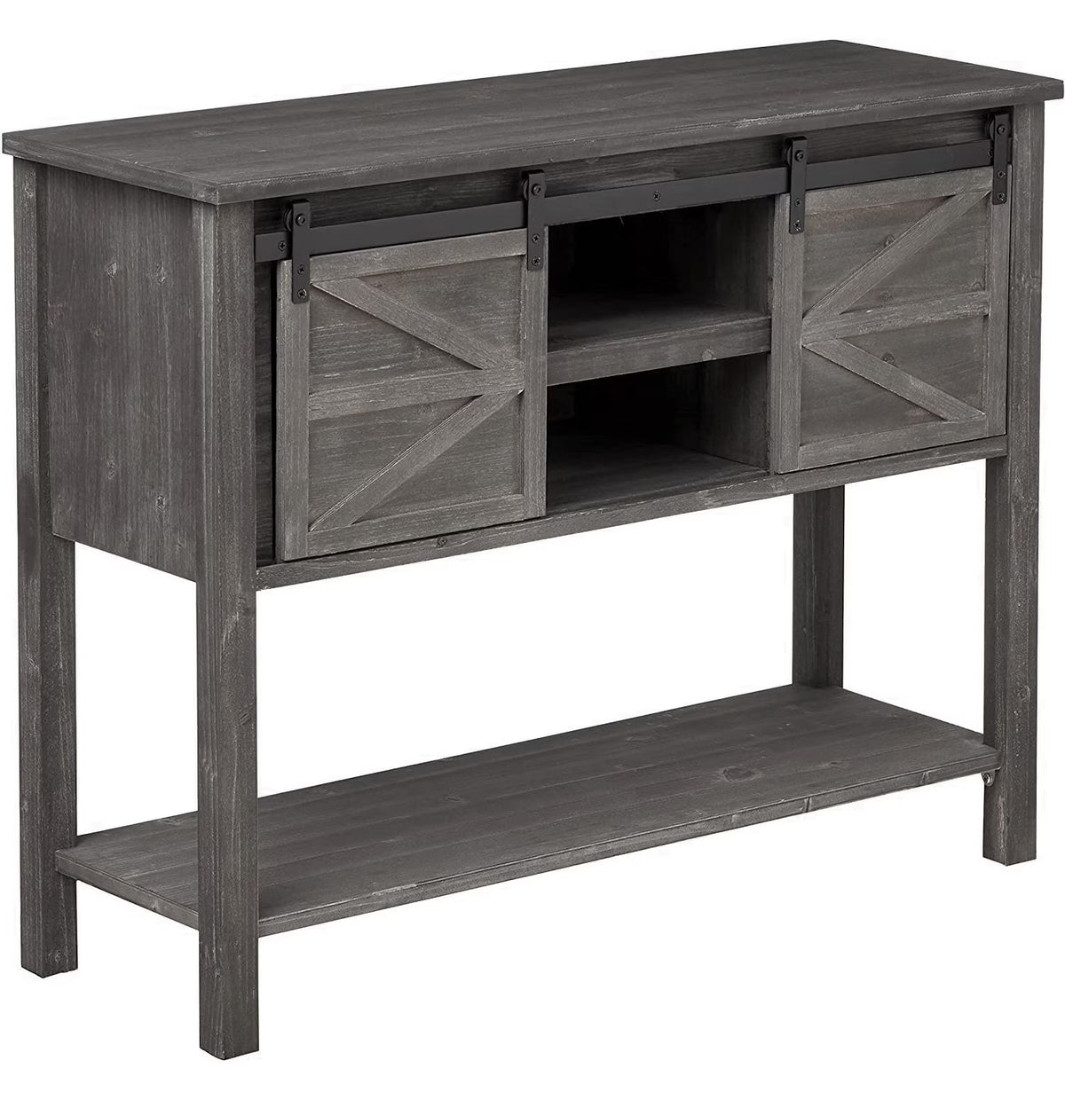 Antique Farmhouse Console Table with Sliding Barn Doors and Bottom Storage Shelf, Gray H5497
