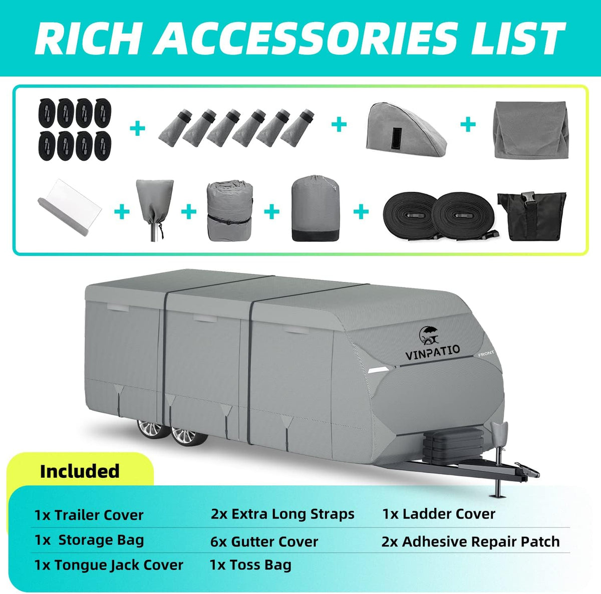Travel Trailer Cover, 6 Layers Top RV Cover, Fits 27'-30' RV, with 1 Tongue Jack Cover, 2 Extra Straps, 6 Gutter Covers D58467