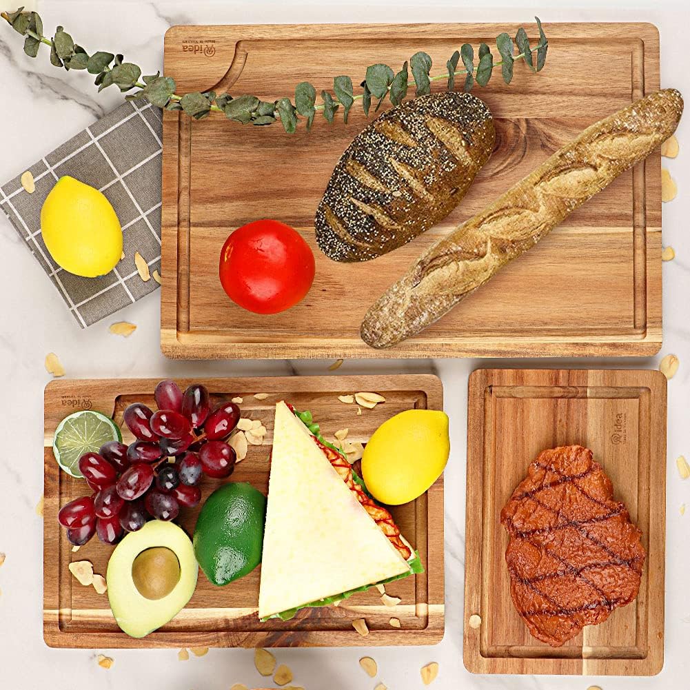 Acacia Wood Cutting Board Set with Juice Groove, 3 Pieces E8248