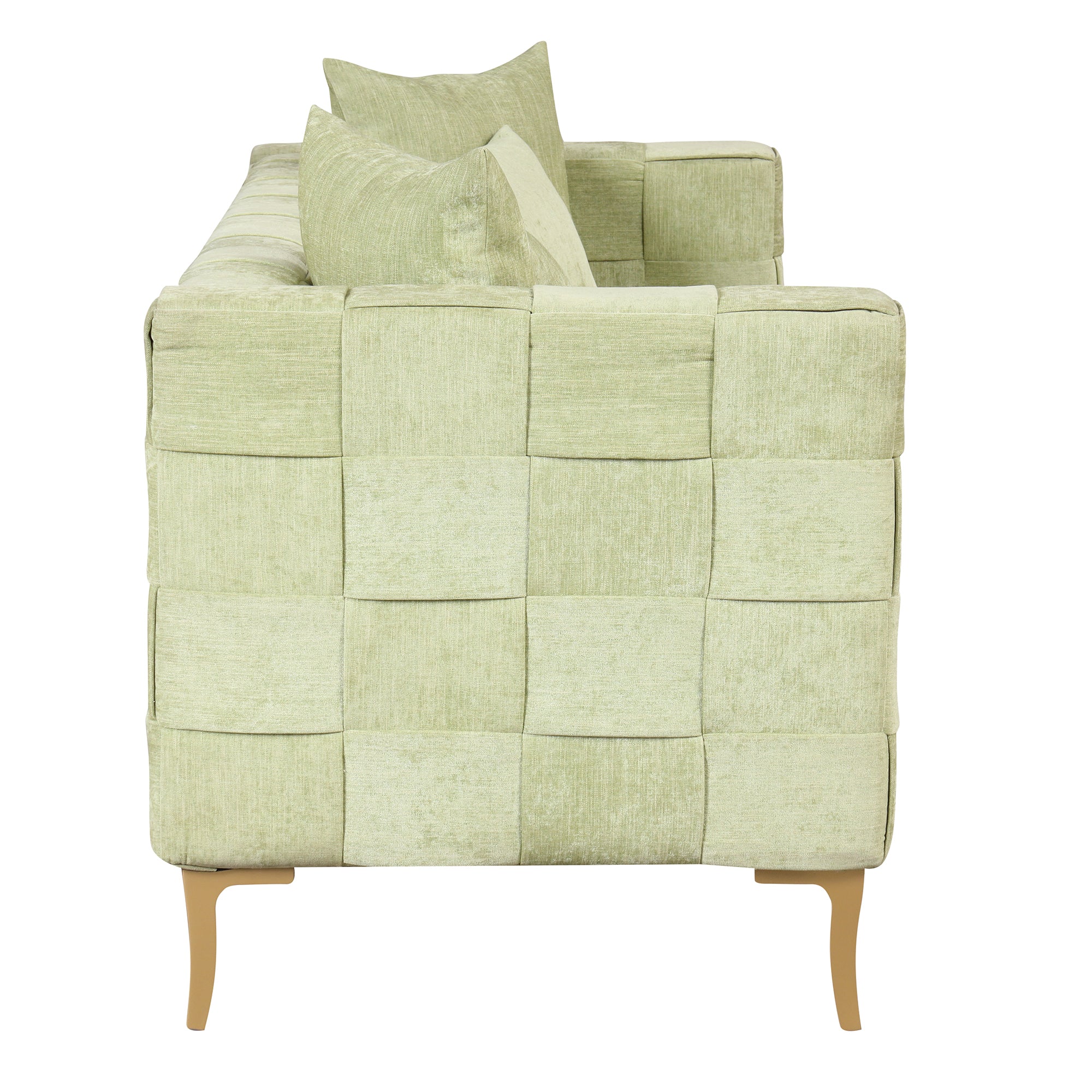 Medium Spring Bud Green Upholstered Sofa with 4 Pillows and Golden Metal Legs J7900