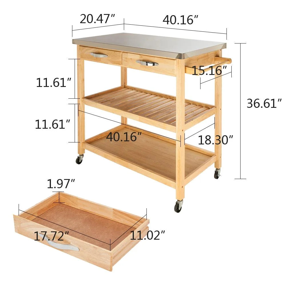 Rolling Kitchen Island Storage Serving Cart with Stainless Steel Countertop, 2 Drawers, 2 Shelves, Lockable Wheels W894