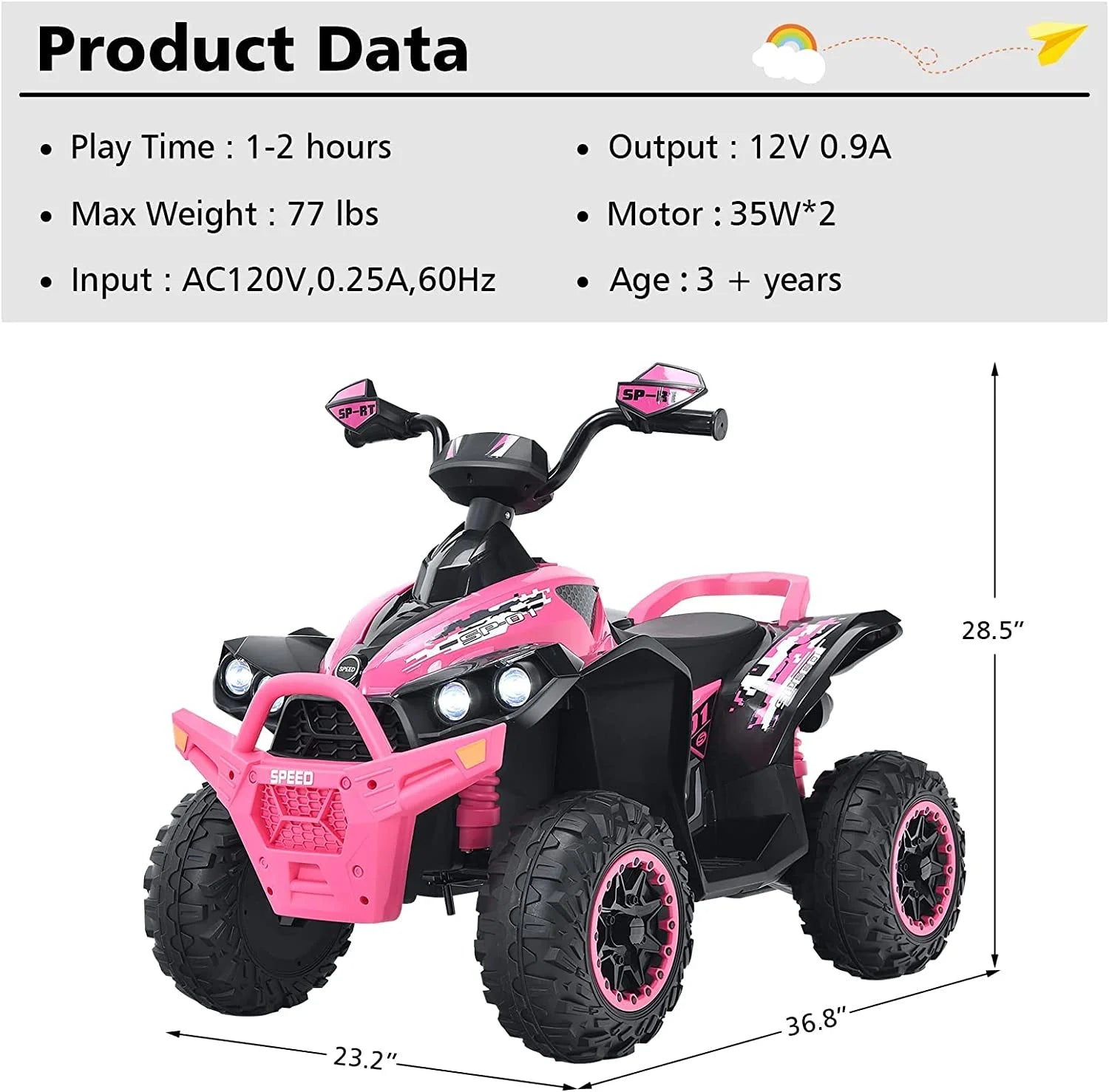 12V 4 Wheeler Quad Toy Ride On ATV with LED Lights (Coral) A7644