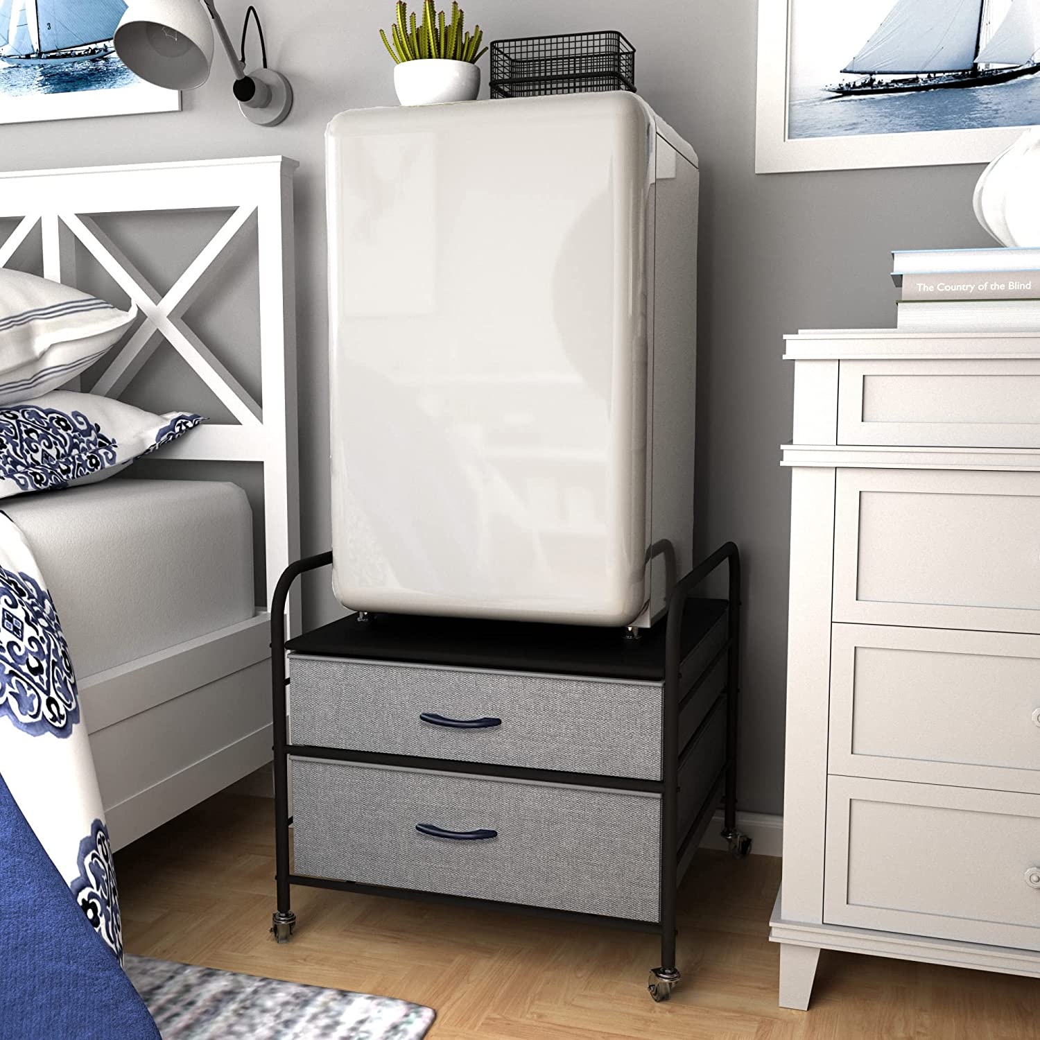 Fridge Stand with Storage, 2 Drawer, Metal Frame, 4 Swivel Wheels F38537