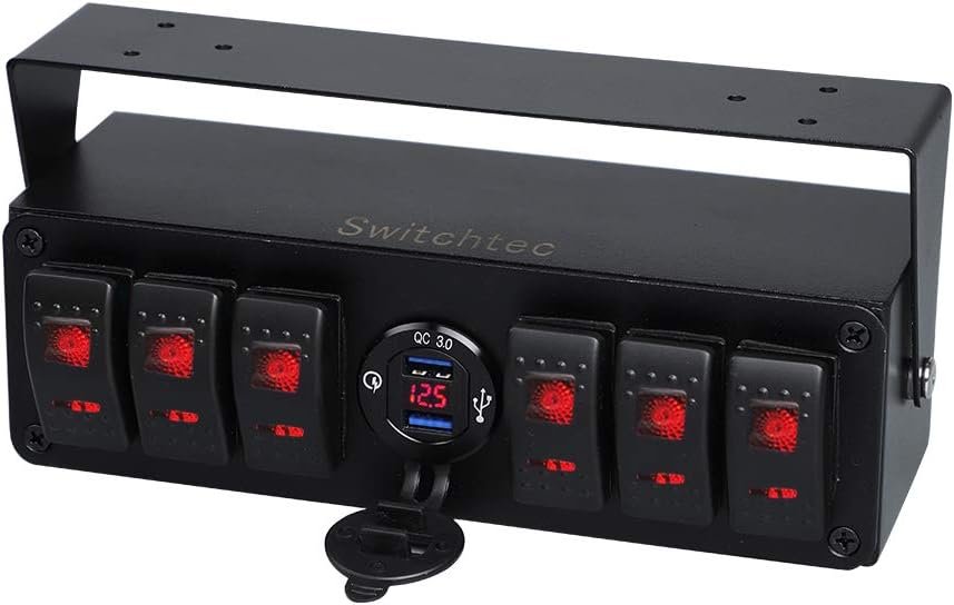 RED 6 Gang Rocker Toggle Switch Panel with USB Charger & Voltmeter, Pack of 2 S80987