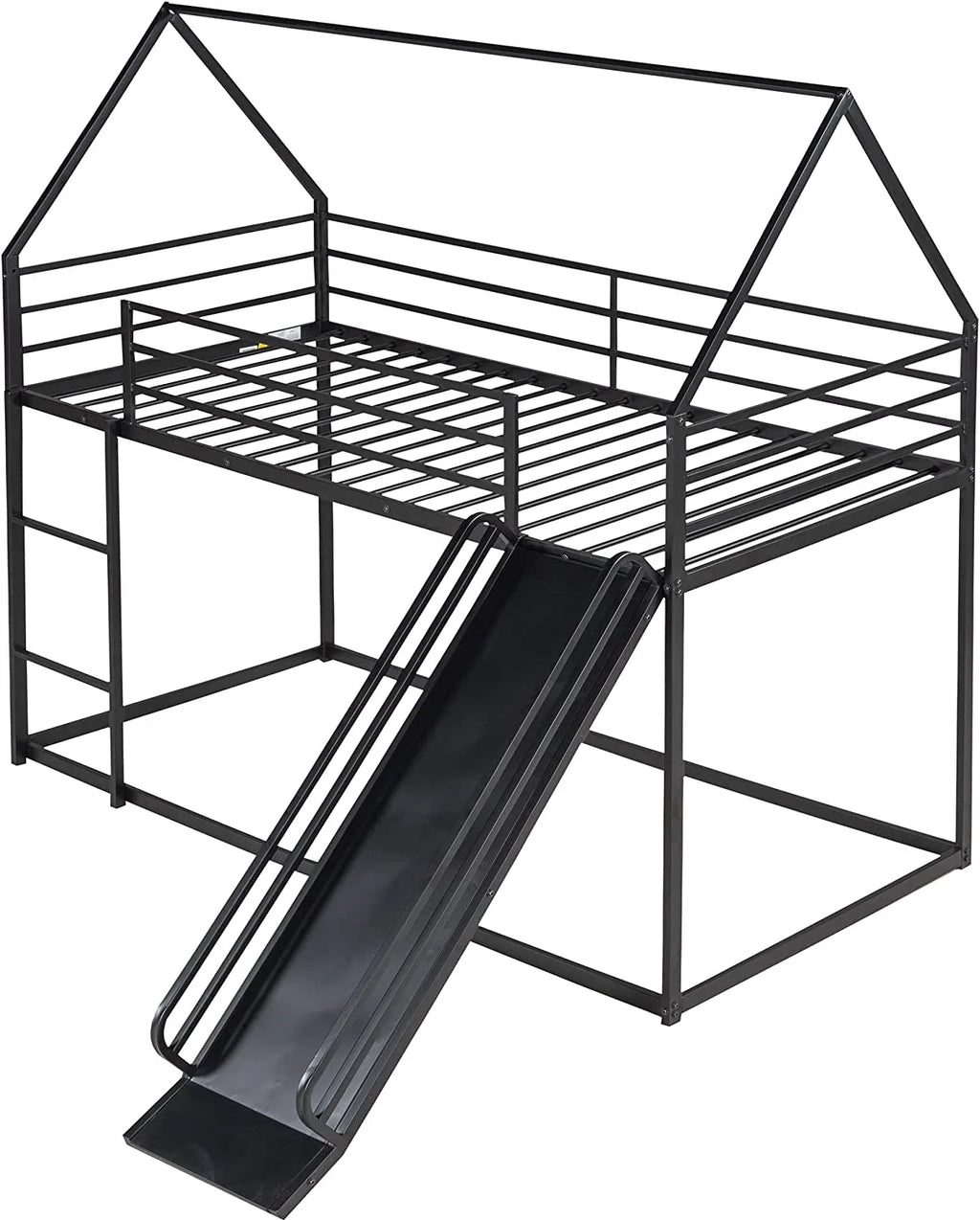 Black Metal Frame Floor Bunk Bed with Slide and Built-In Ladder J27250