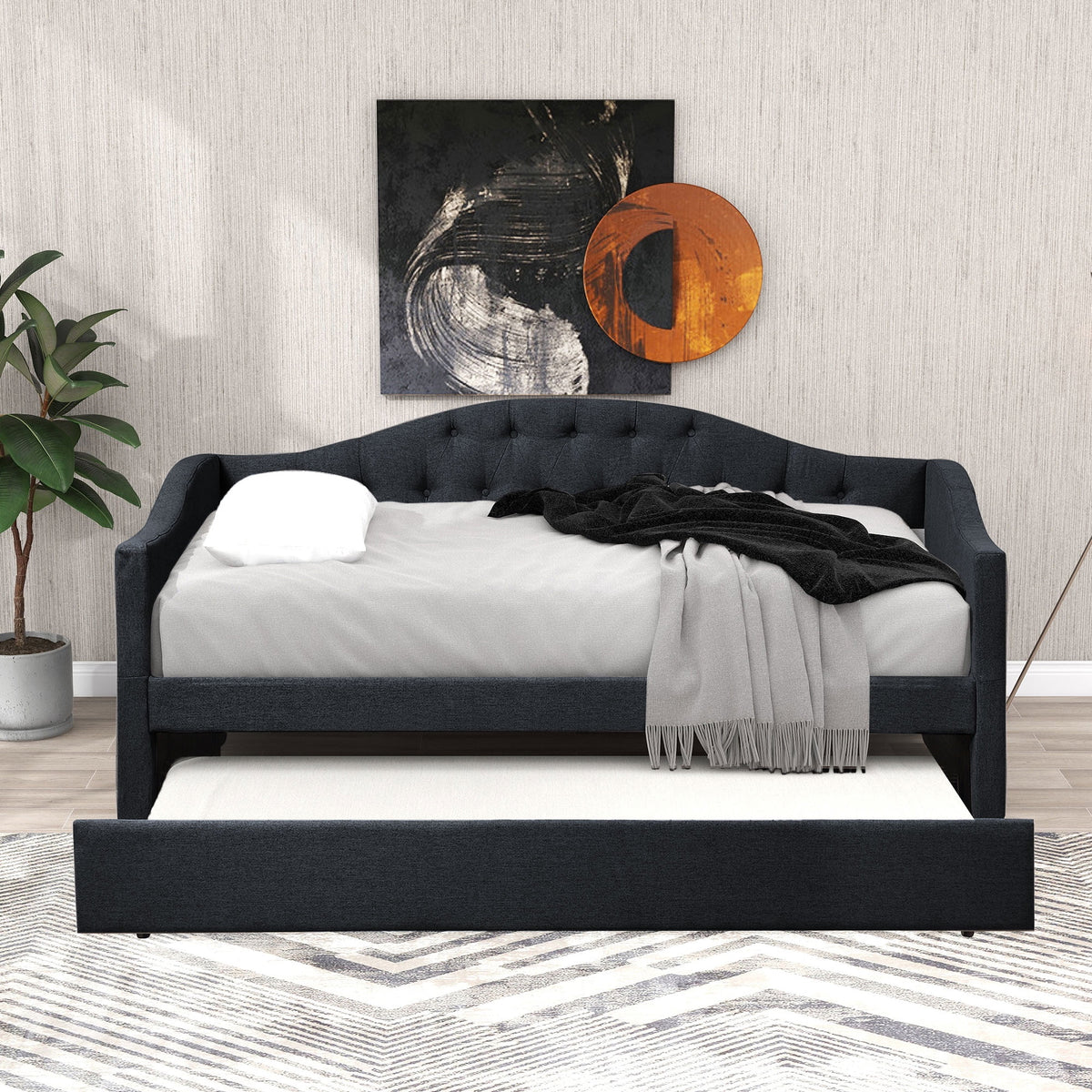 Dark Gray Wood Tufted Twin Size Daybed with Trundle D783