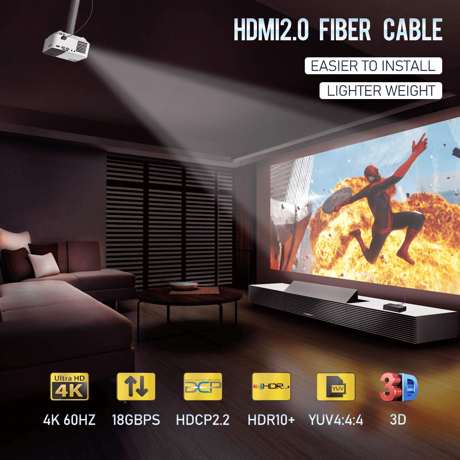 HDMI Ultra Thin Fiber Optic Cable 6ft 4K 60Hz HDMI 2.0b High Speed 18Gbps Pack of 2 E67908