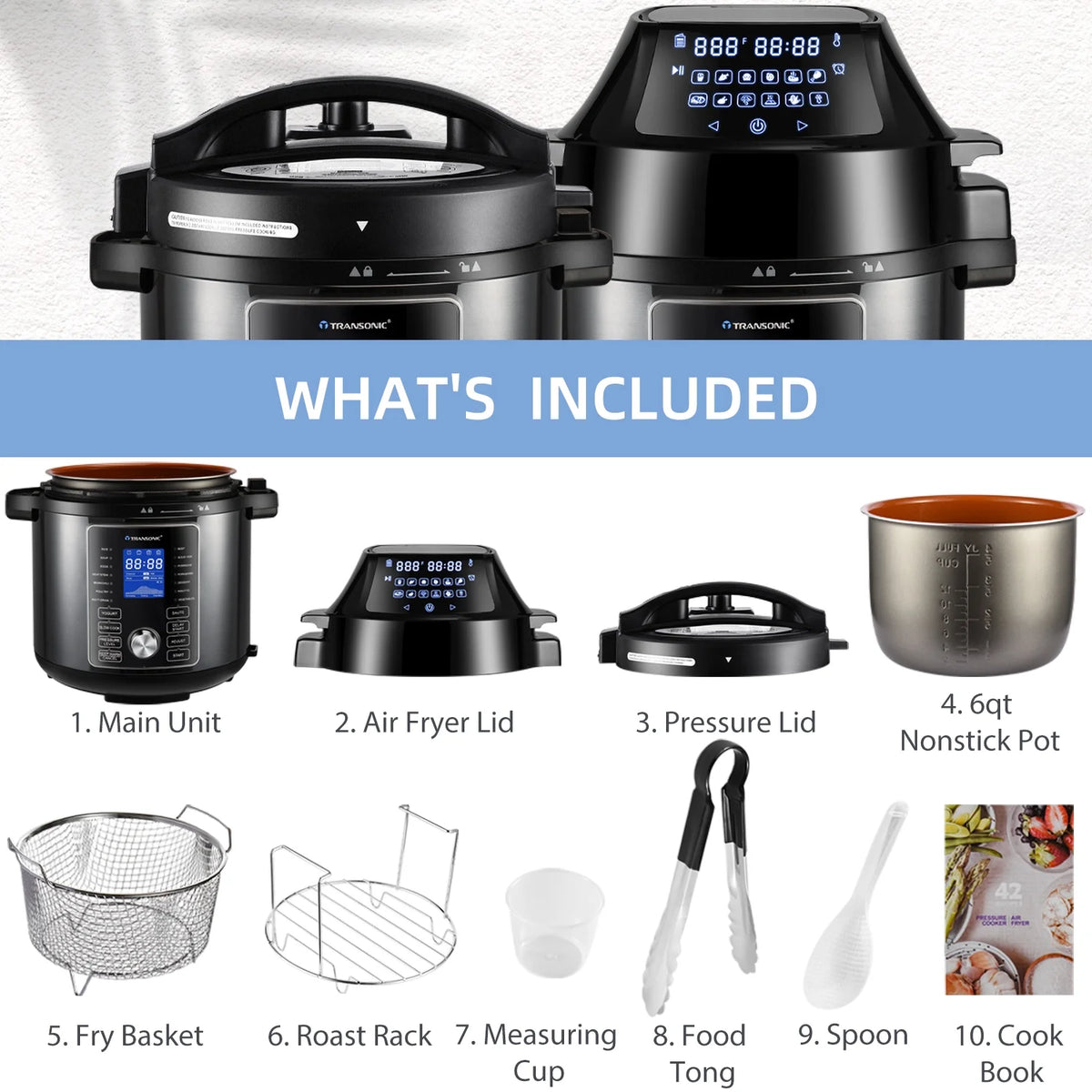 6 Quart Pressure Cooker and Air Fryer Combo with 2 Detachable Lids T190