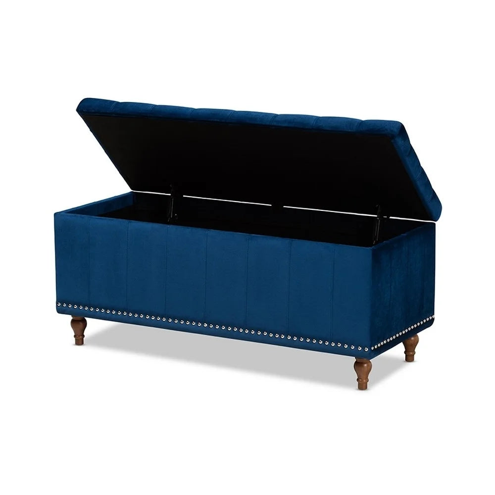 Navy Blue Velvet Button-Tufted Storage Ottoman Bench P3625