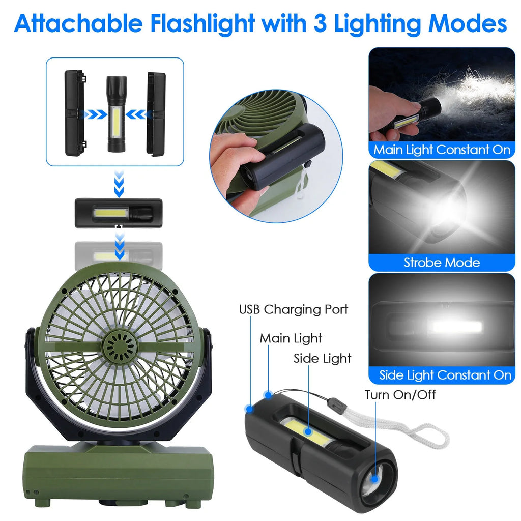 Portable Rechargeable Camping Fan with Flashlight Power Bank V9838