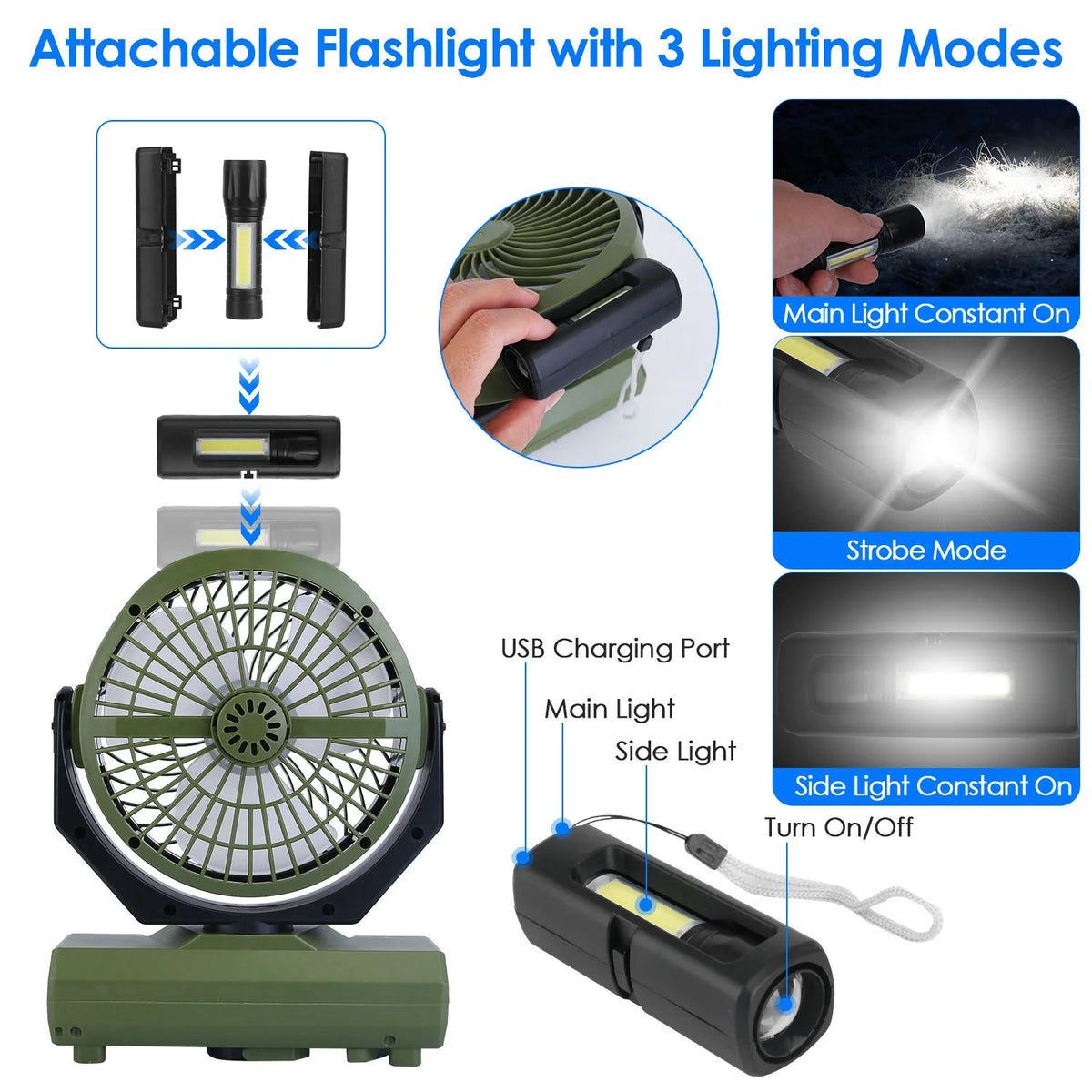 Portable Rechargeable Camping Fan with Flashlight Power Bank V9838