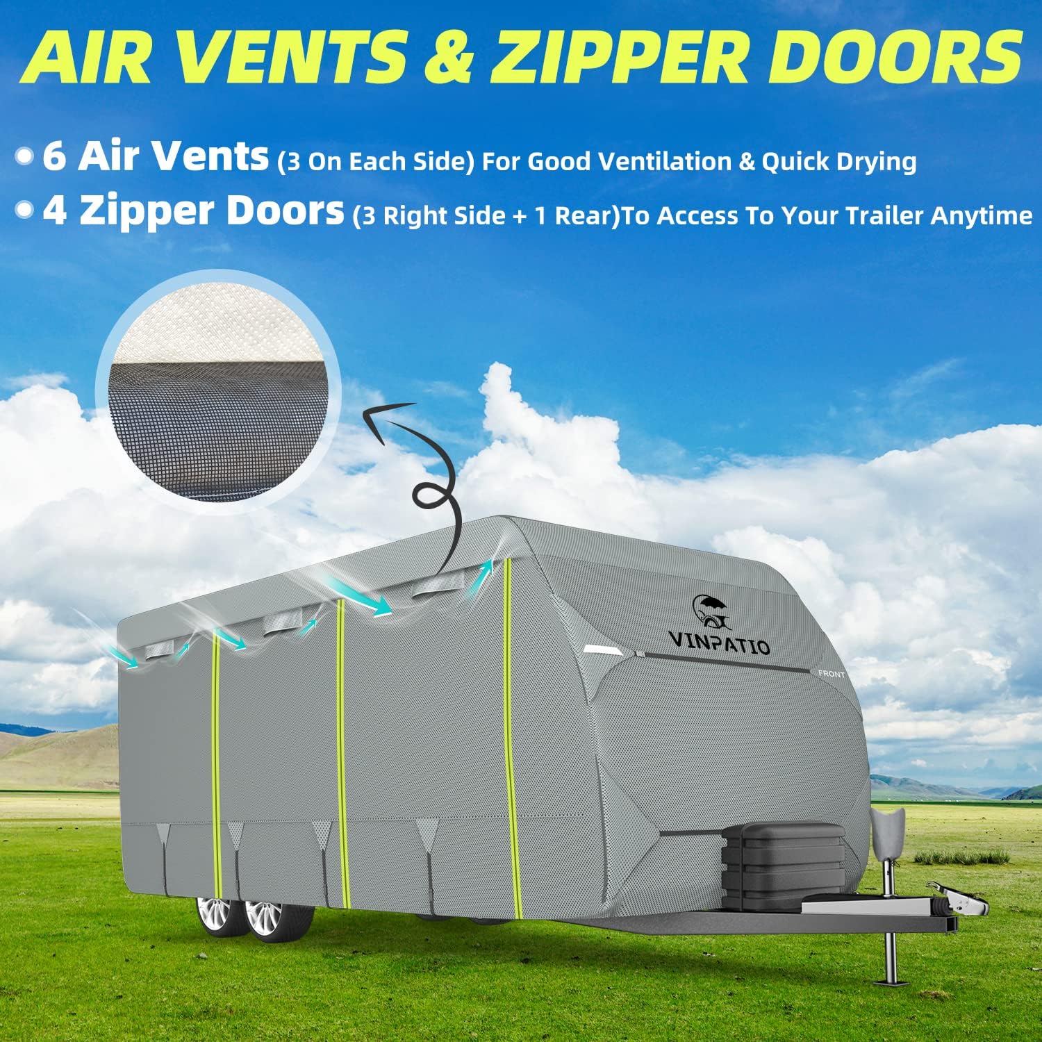Travel Trailer Cover, 6 Layers Top RV Cover, Fits 27'-30' RV, with 1 Tongue Jack Cover, 2 Extra Straps, 6 Gutter Covers D58467