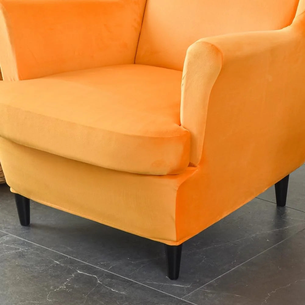 Orange Velvet Stretch Wingback Chair Sofa Slipcover with Elastic Bottom Y2261