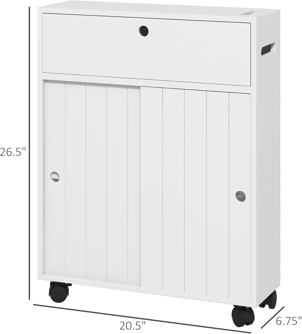 White Slim Bathroom Cabinet with 4 Rolling Wheels and Sliding Doors M49970