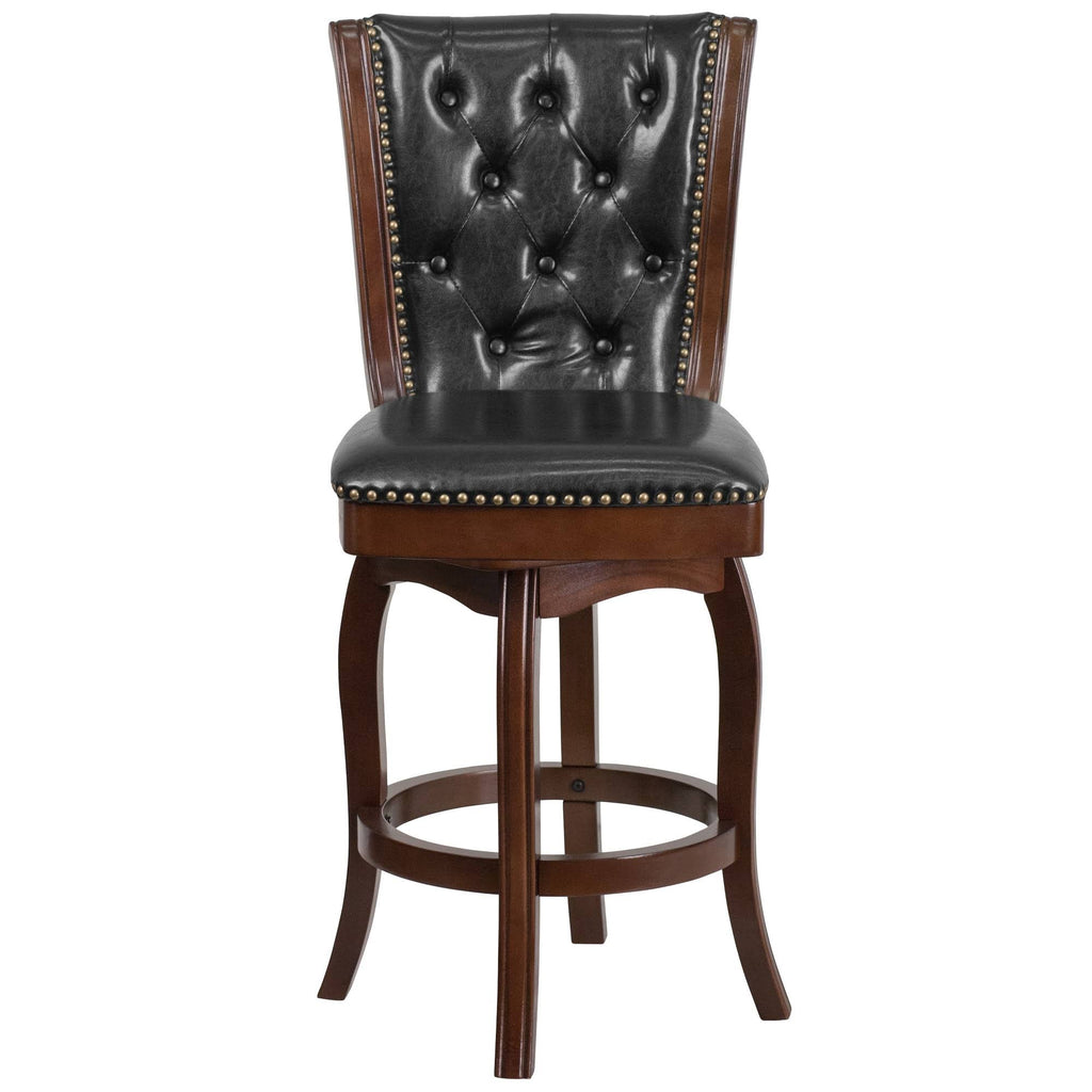 26 Inch Cappuccino Wood Counter Height Stool with Black Leather Swivel Seat O8760