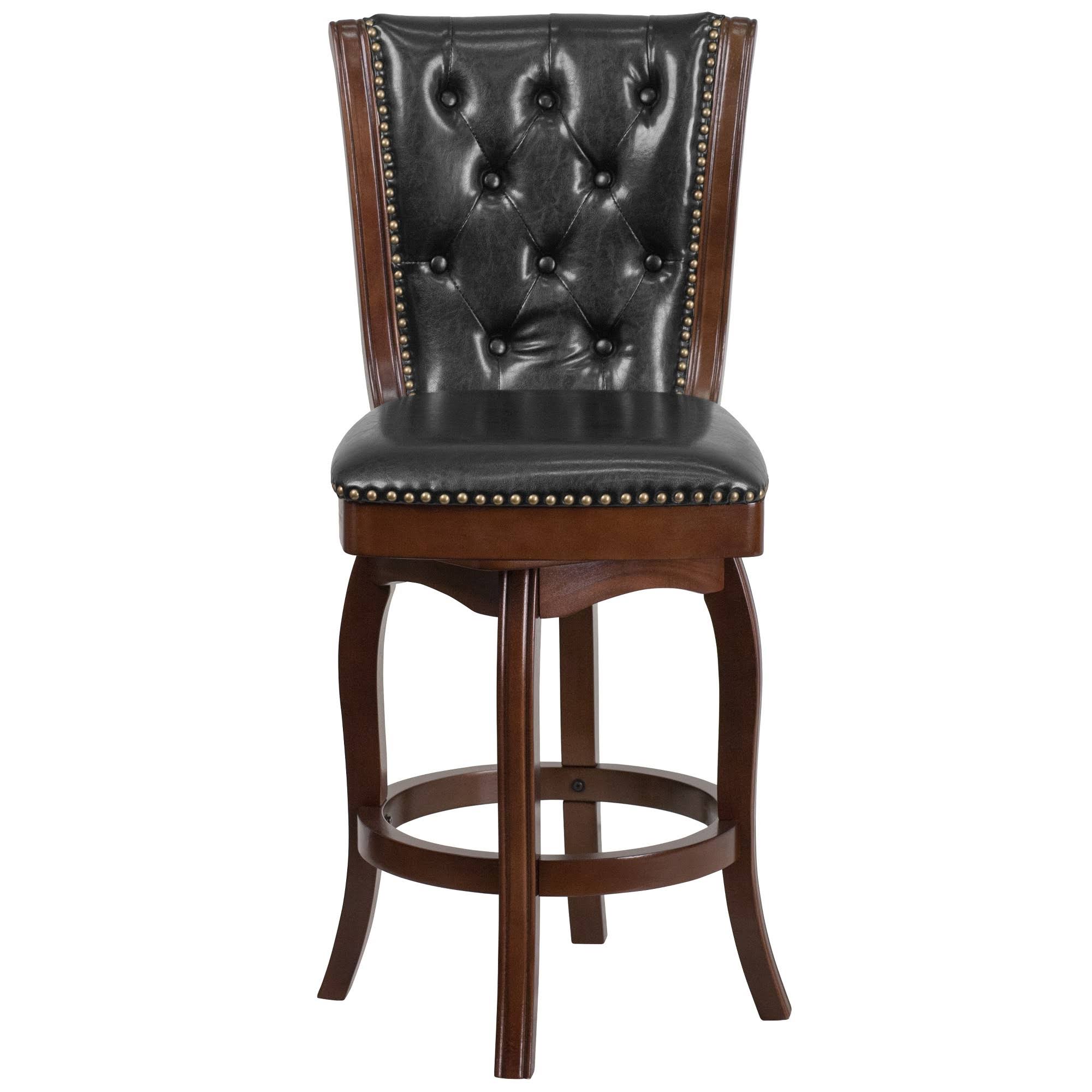 26 Inch Cappuccino Wood Counter Height Stool with Black Leather Swivel Seat O8760