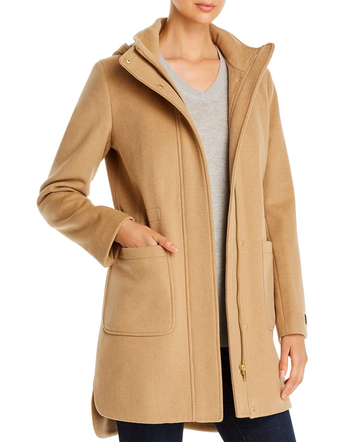 Camel Hooded Wool Blend Coat L98589