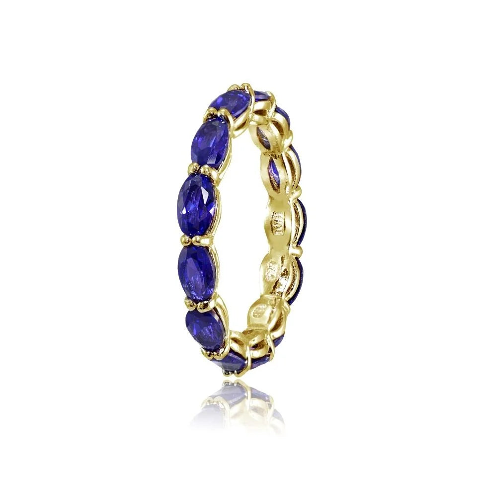 Blue Sapphire 5x3mm Oval-Cut Stackable Eternity Band Ring 925 Sterling Silver Yellow Gold Plated Gemstone Jewelry X408
