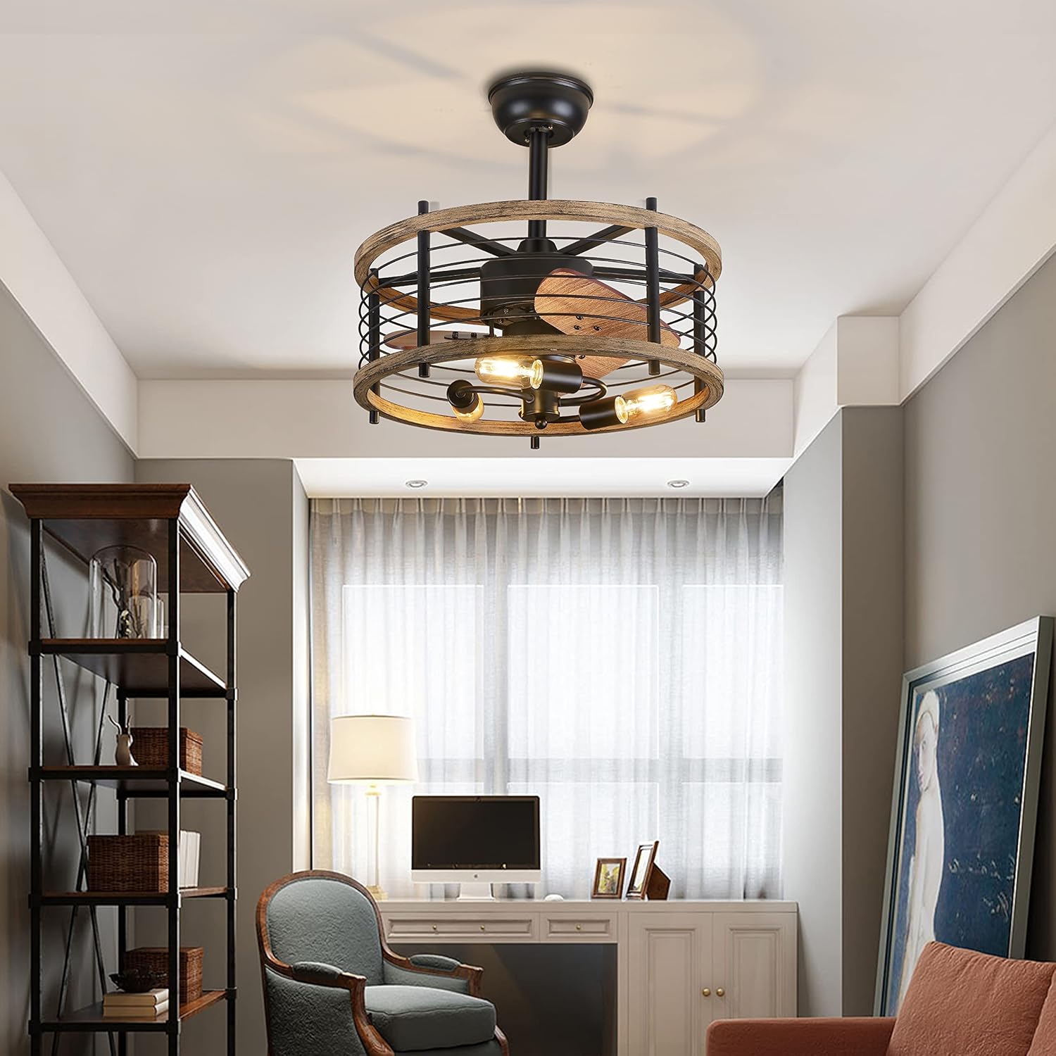 20-inch Caged Ceiling Fan with Lights, Reversible, Remote, Bladeless F5545