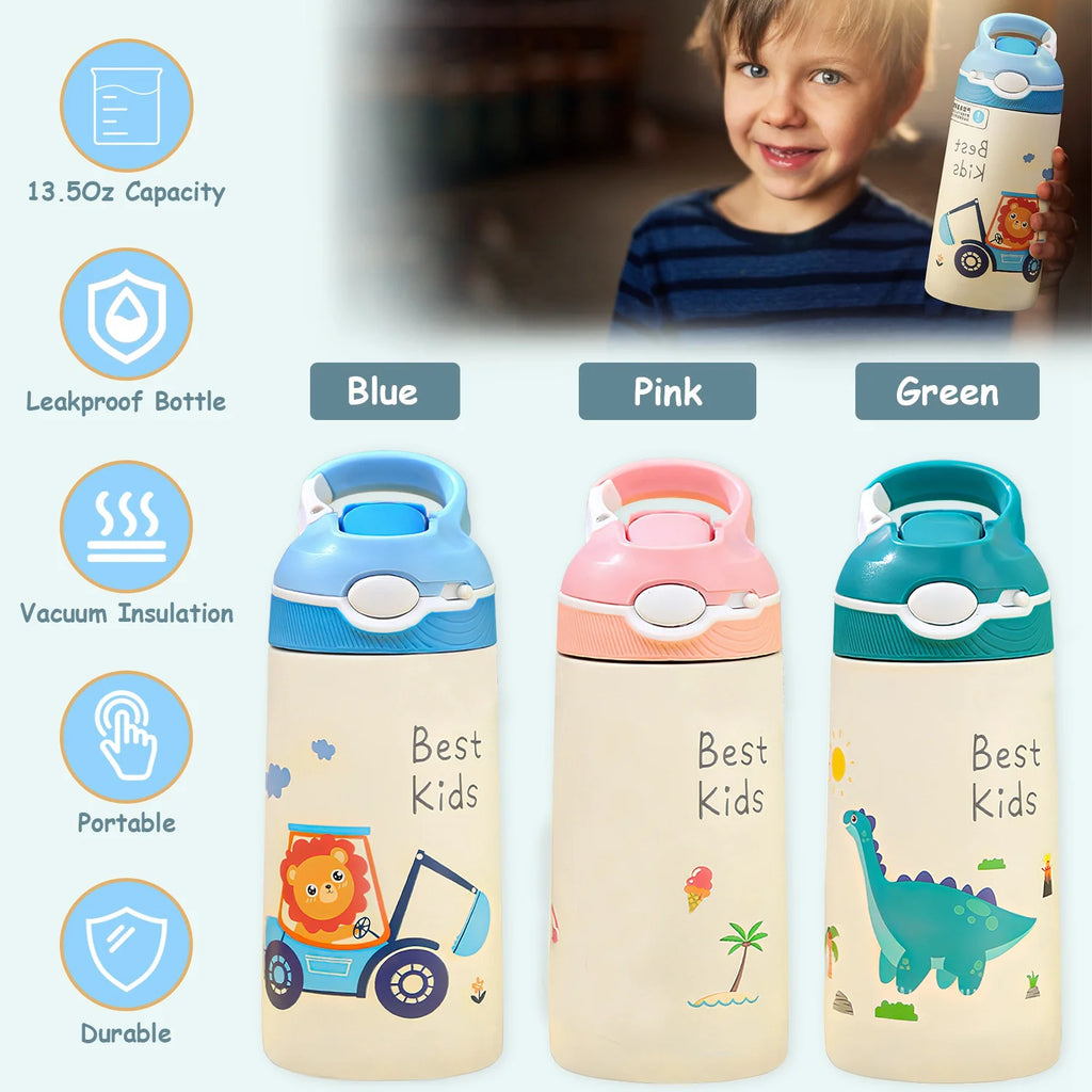 13.5Oz Insulated Stainless Steel Kids Water Bottle with Straw R9545