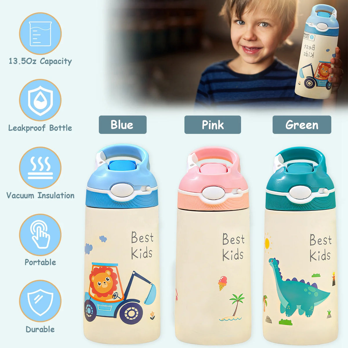 13.5Oz Insulated Stainless Steel Kids Water Bottle with Straw R9545
