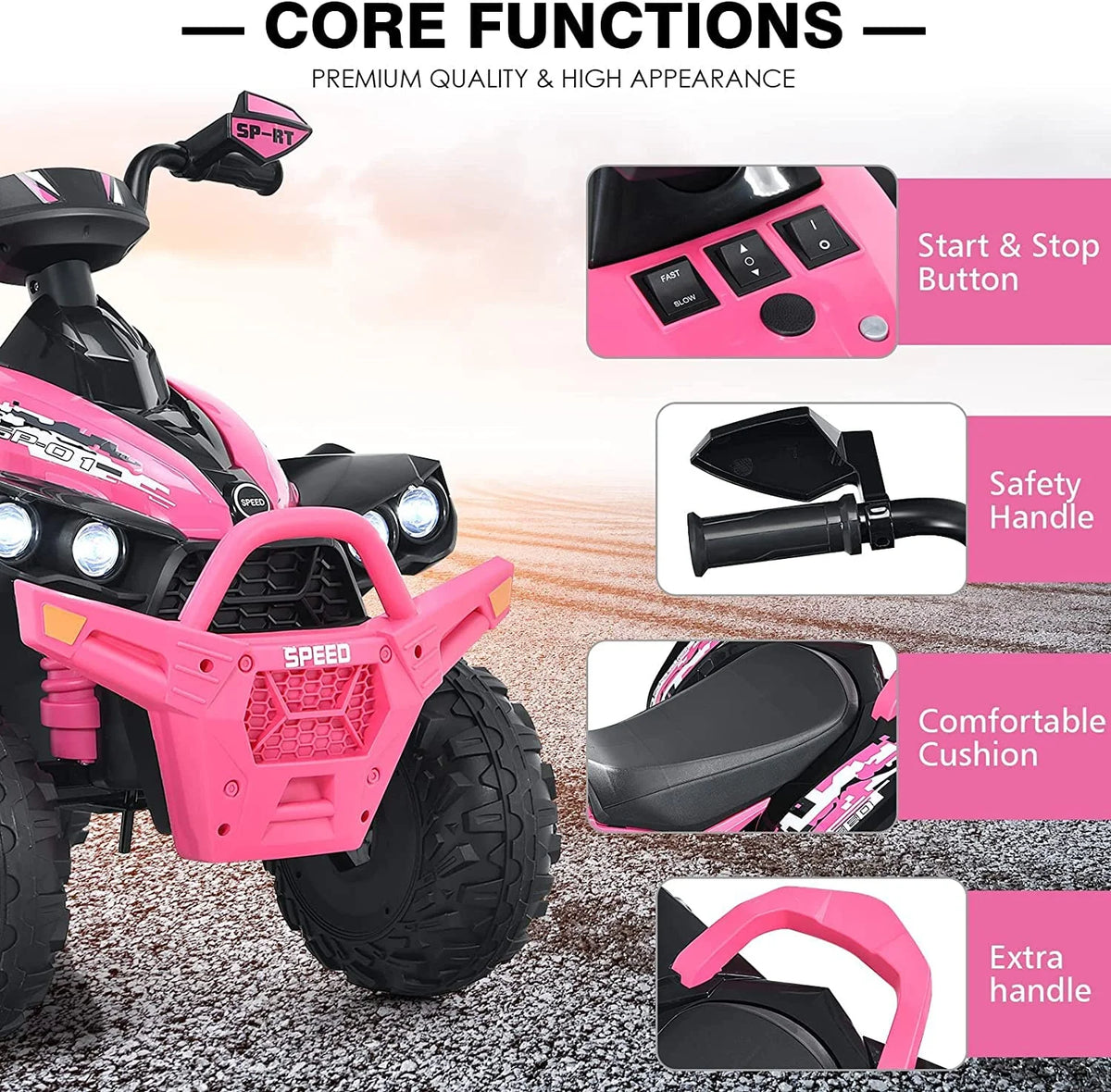 12V 4 Wheeler Quad Toy Ride On ATV with LED Lights (Coral) A7644