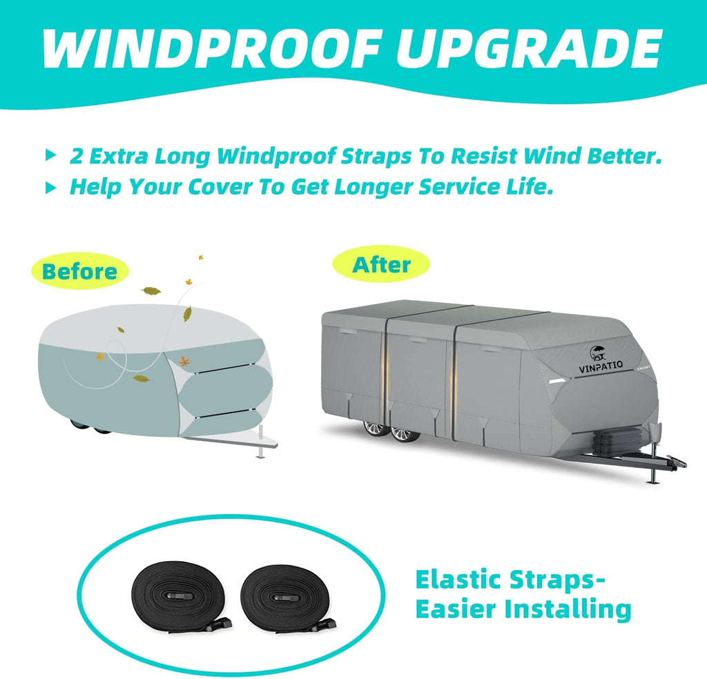 Travel Trailer Cover, 6 Layers Top RV Cover, Fits 27'-30' RV, with 1 Tongue Jack Cover, 2 Extra Straps, 6 Gutter Covers D58467