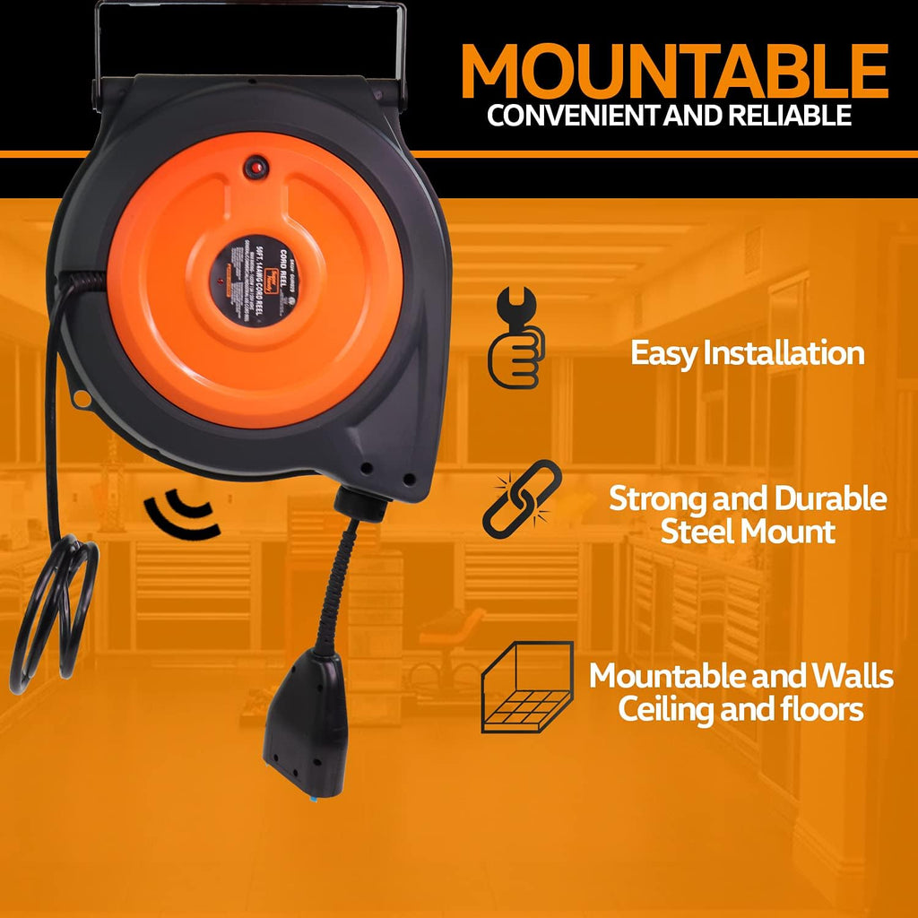 Retractable Cord Reel with 3 Outlet, IP64 Waterproof H7582
