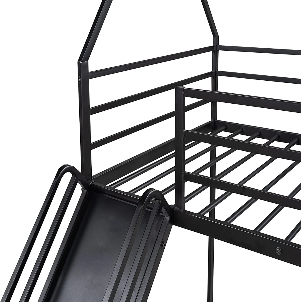 Black Metal Frame Floor Bunk Bed with Slide and Built-In Ladder J27250