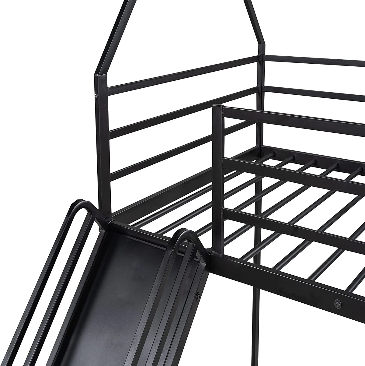 Black Metal Frame Floor Bunk Bed with Slide and Built-In Ladder J27250