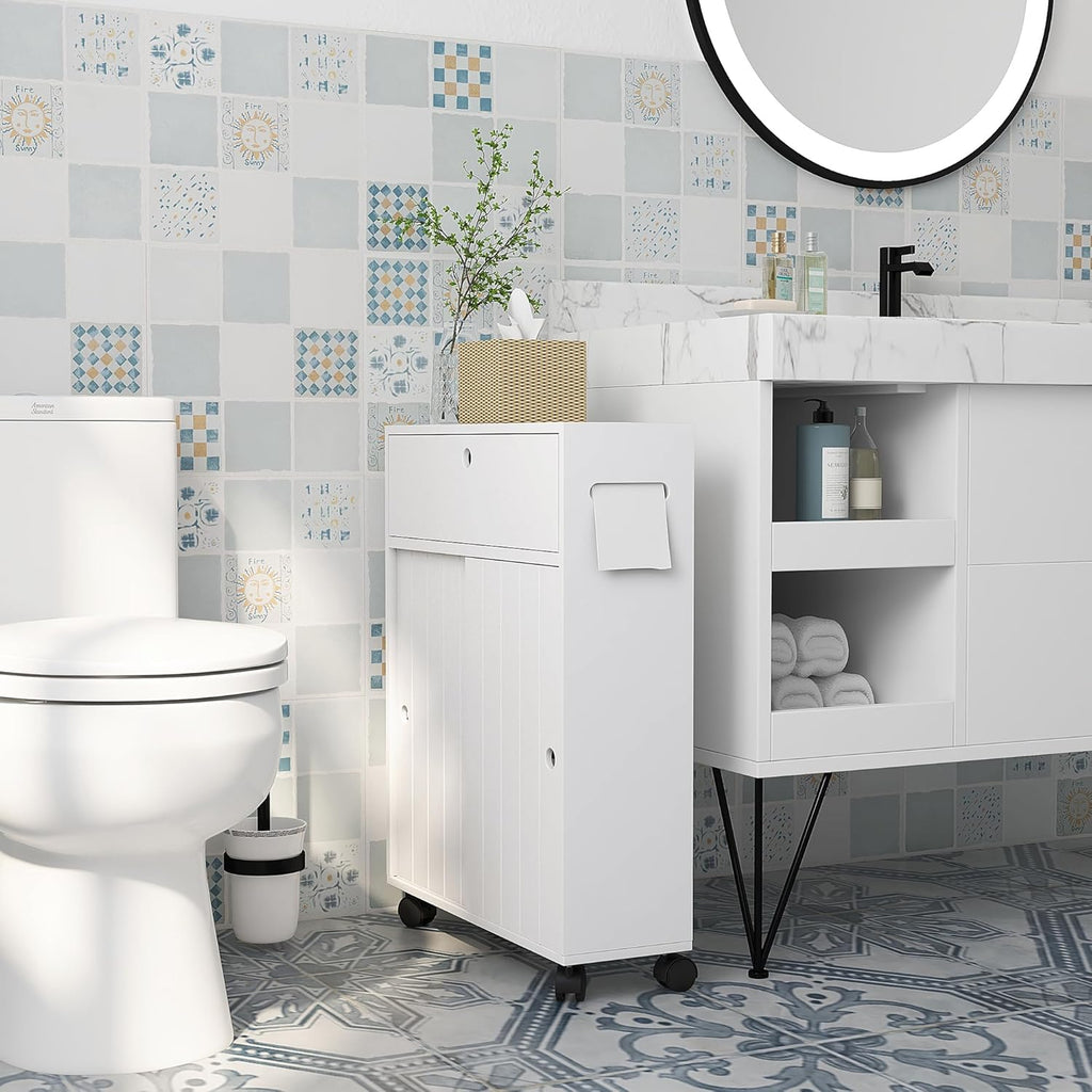 White Slim Bathroom Cabinet with 4 Rolling Wheels and Sliding Doors M49970