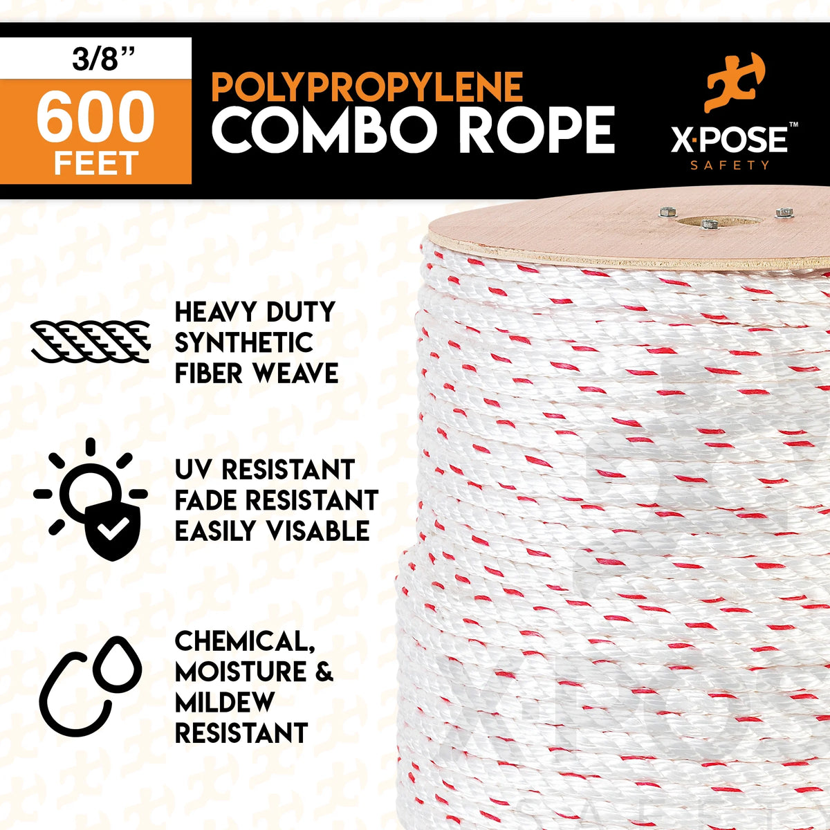 3 Strand Safety Rope 3/8 In. x 600 Ft. UV Coated Polypropylene Rope Z227983