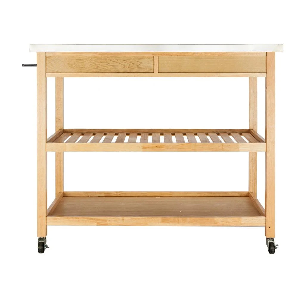 Rolling Kitchen Island Storage Serving Cart with Stainless Steel Countertop, 2 Drawers, 2 Shelves, Lockable Wheels W894