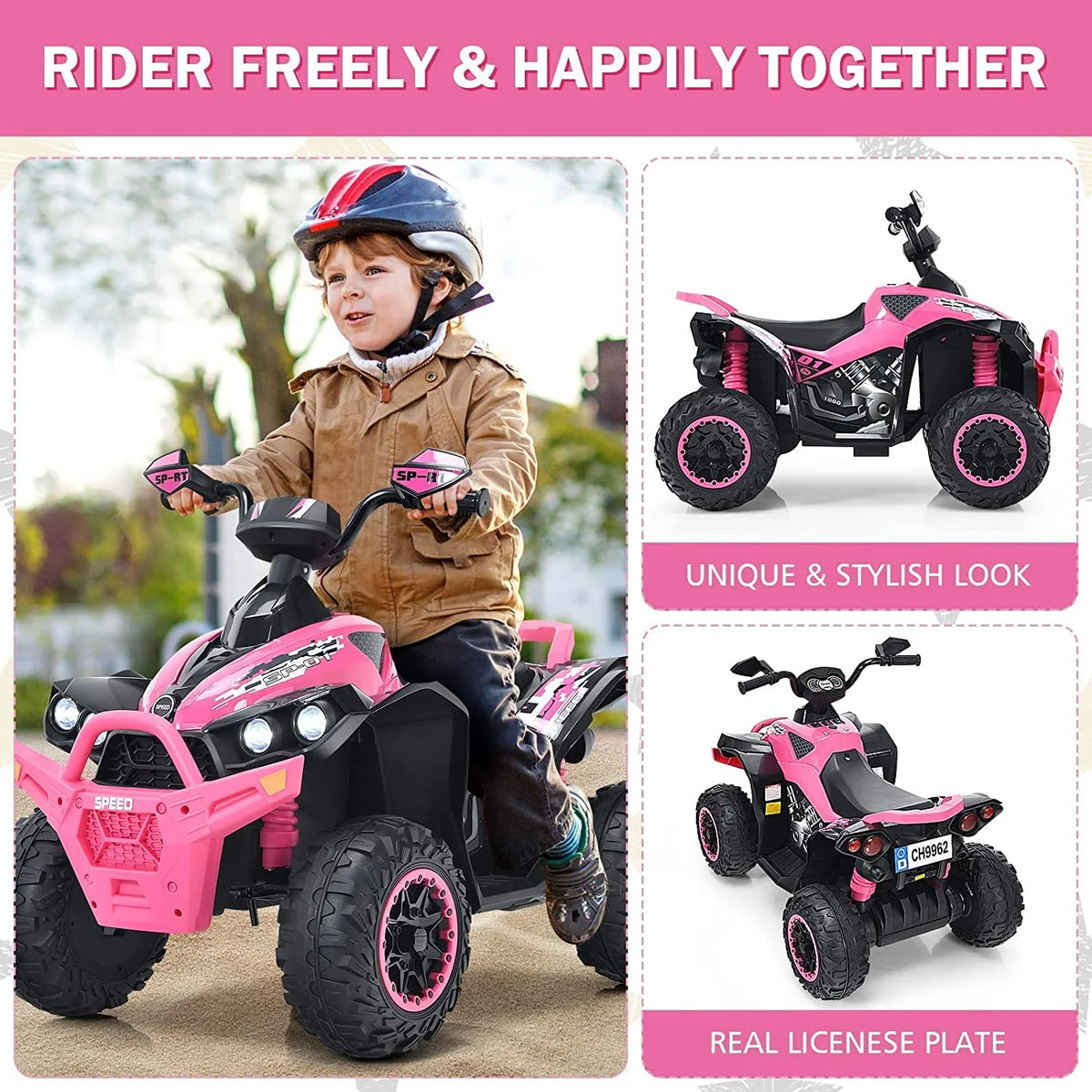 12V 4 Wheeler Quad Toy Ride On ATV with LED Lights (Coral) A7644