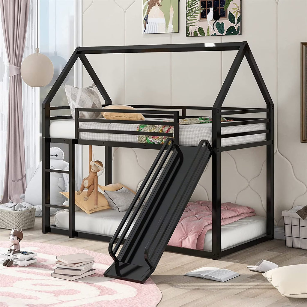 Black Metal Frame Floor Bunk Bed with Slide and Built-In Ladder J27250