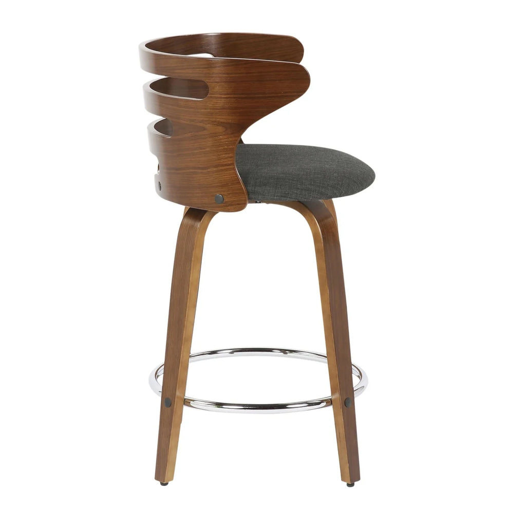 Mid-Century Modern Counter Stool With Swivel In Walnut And Charcoal Fabric - Set Of 2 T57983