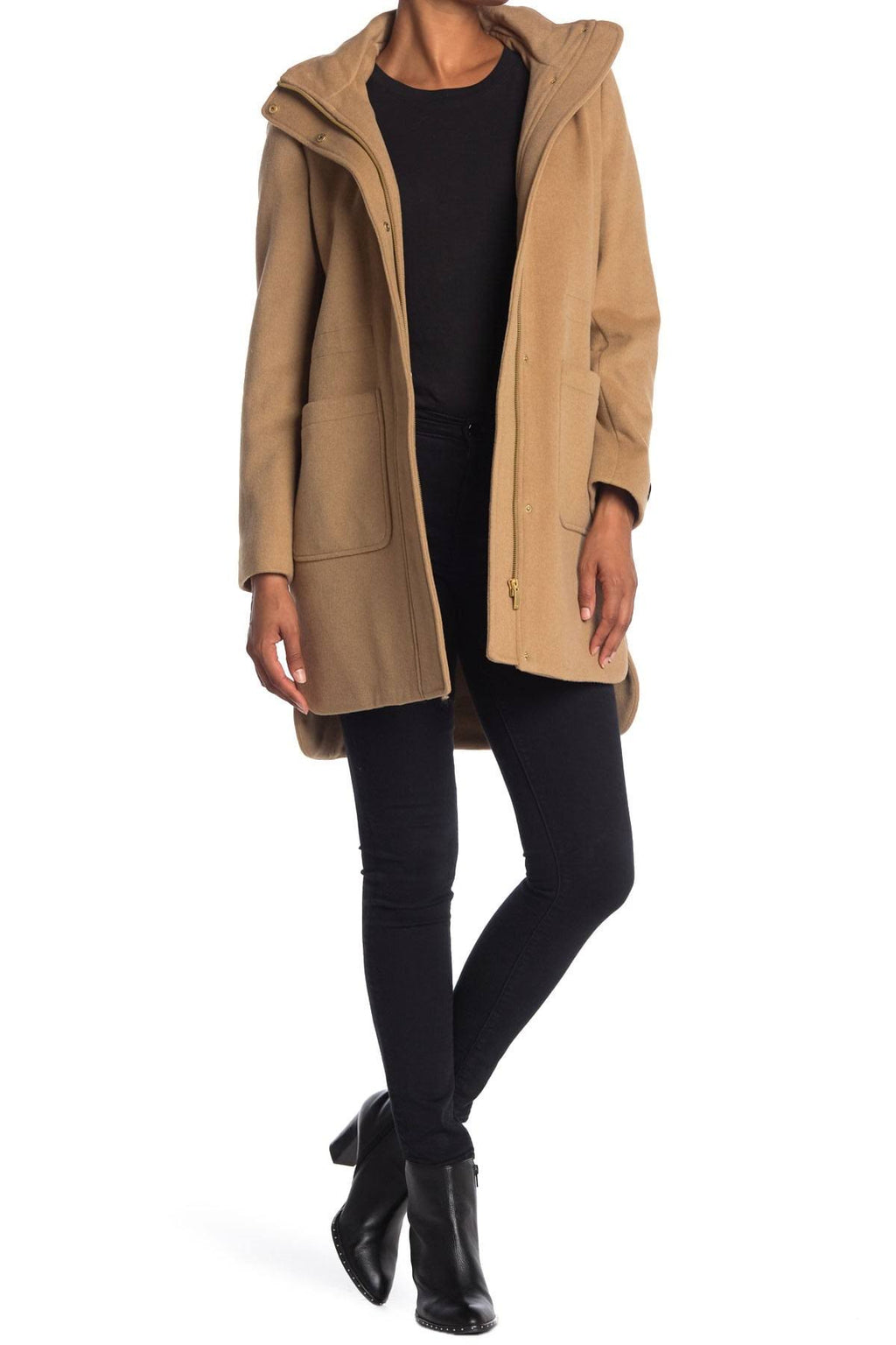 Camel Hooded Wool Blend Coat L98589
