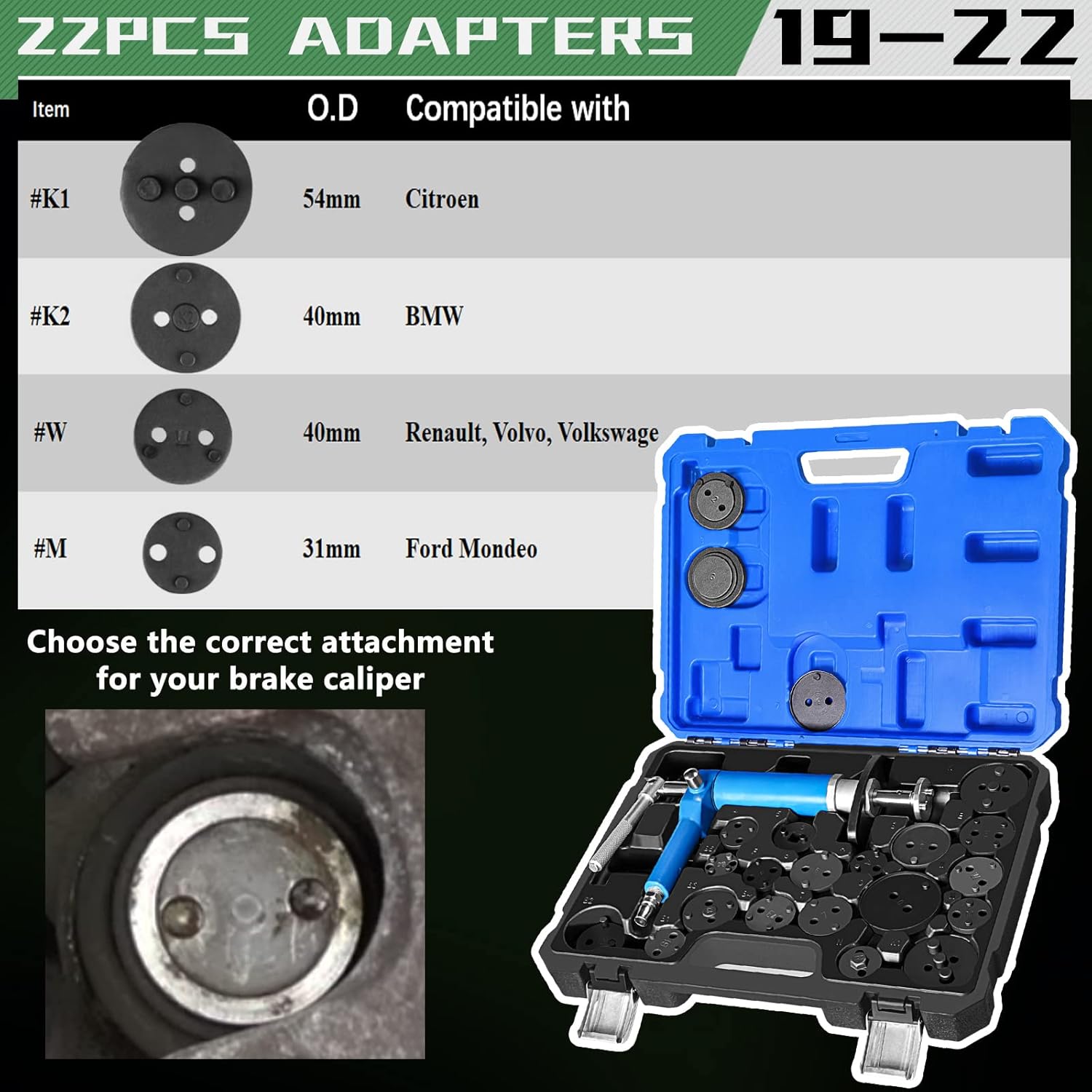 23 Pieces Pneumatic Brake Caliper Wind Back Tool Set with Adapters E642939