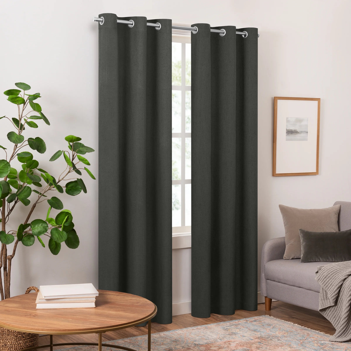 100% Blackout Faux Linen Grommet Curtains (2 Panels) 63x42 Charcoal D2500