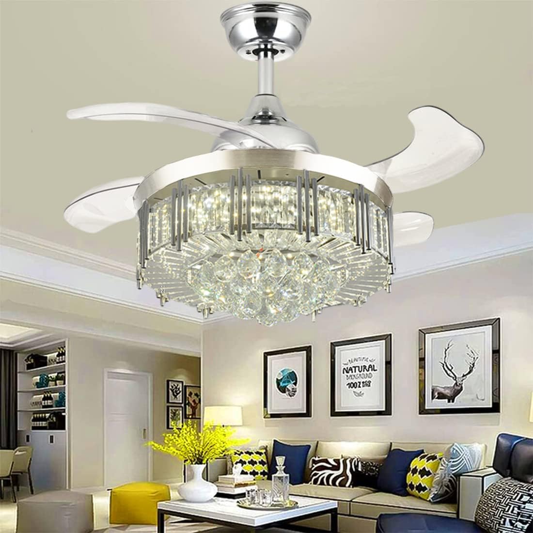 Silver Retractable LED Chandelier Ceiling Fan with Light E9220