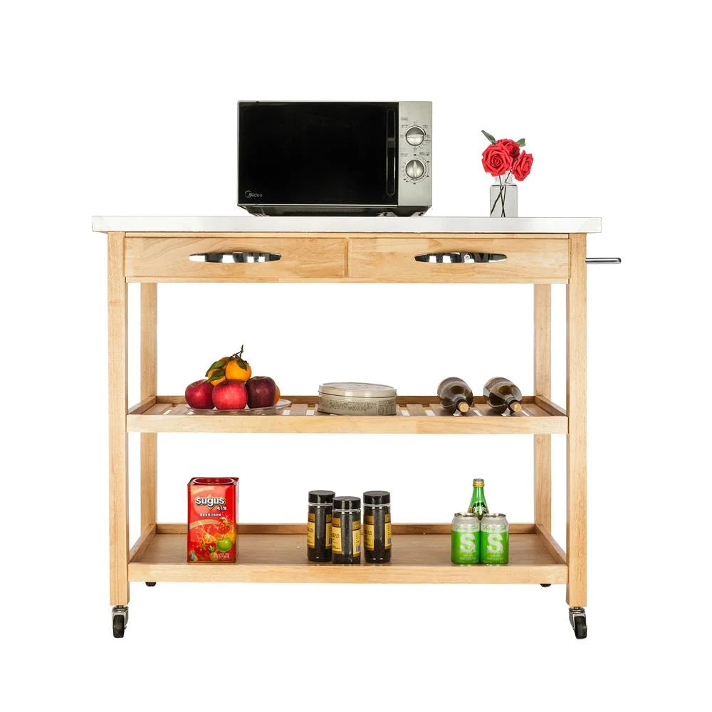 Rolling Kitchen Island Storage Serving Cart with Stainless Steel Countertop, 2 Drawers, 2 Shelves, Lockable Wheels W894