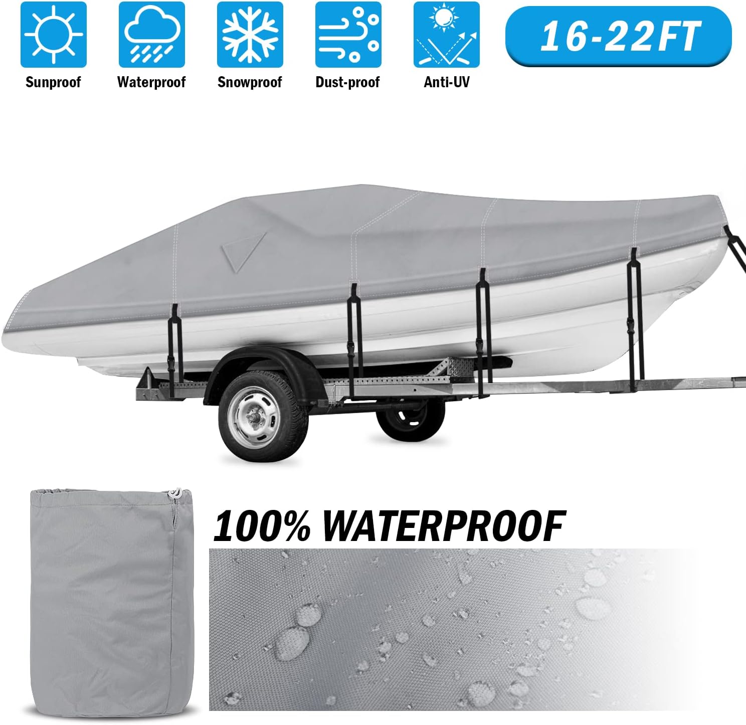 600D Waterproof Trailerable Boat Cover (17-19ft, Gray) G424128