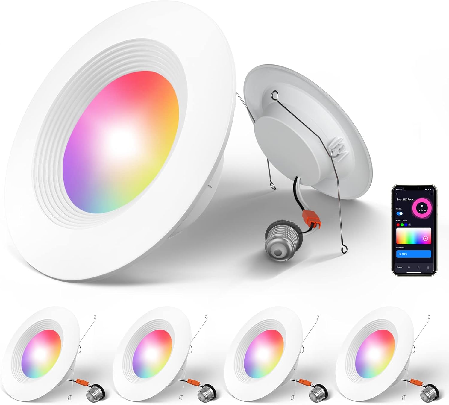 5/6 Inch Smart LED Recessed Lighting 4 Pack, RGBCW Color Changing WiFi Can Lights with Baffle Trim, Retrofit Downlight, 12.5W=100W 1050LM, App Control Pack of 2 P896