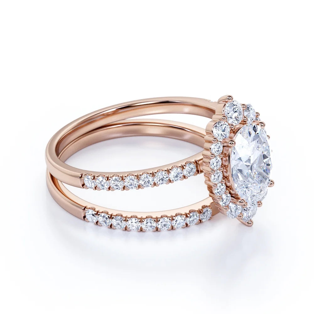 Vintage Oval Cut Real Diamond Pave Wedding Ring Set in 10k Rose Gold N36741
