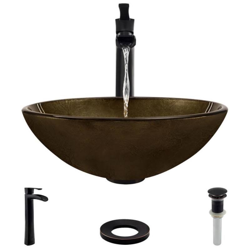 Foil Undertone Glass Vessel Sink with Antique Bronze Vessel Faucet A85957